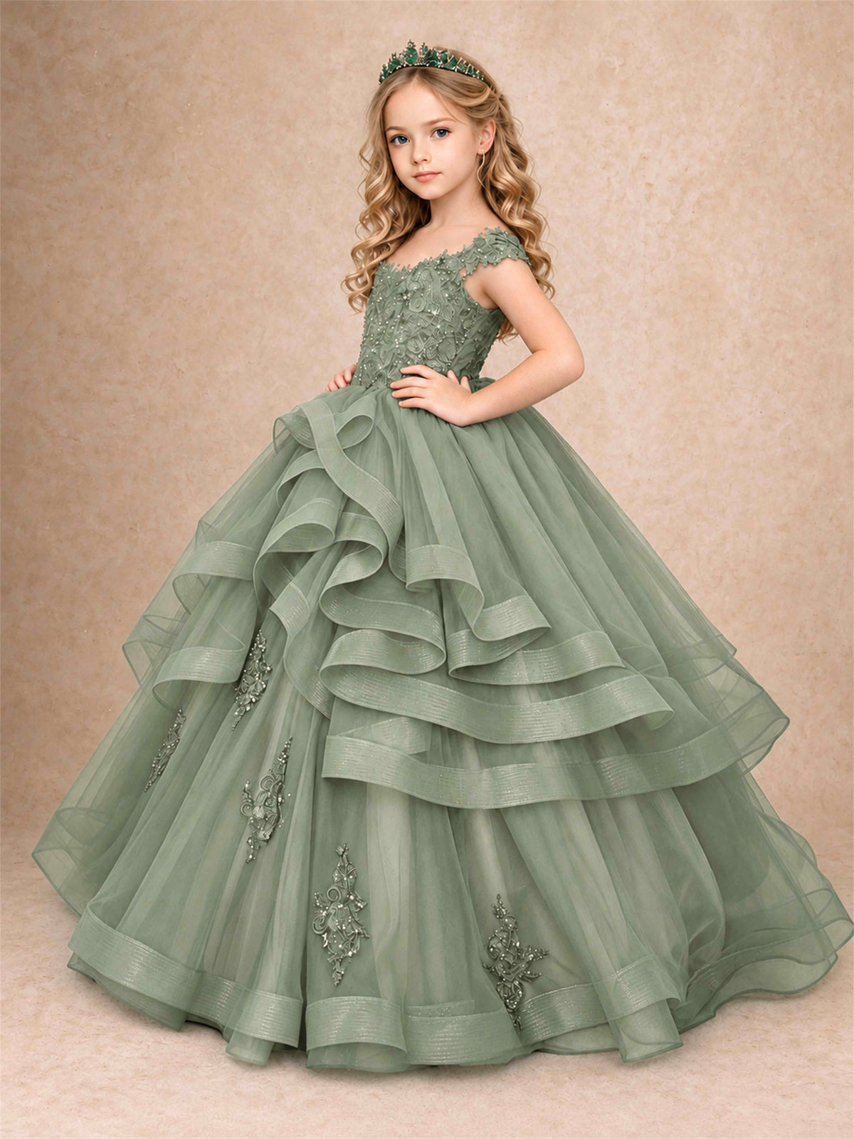 Off Shoulder Sequin Lace Ruffled Tulle Girls Pageant Dresses Formal Wedding Princess Gown