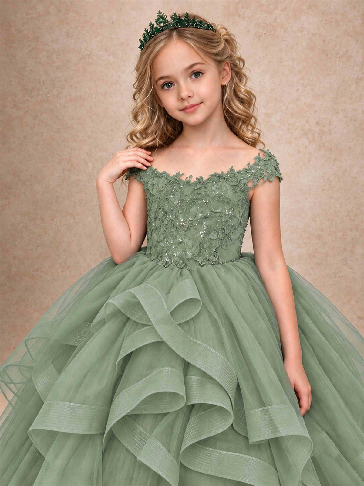 Off Shoulder Sequin Lace Ruffled Tulle Girls Pageant Dresses Formal Wedding Princess Gown