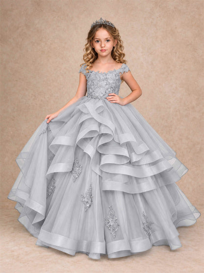 Off Shoulder Sequin Lace Ruffled Tulle Girls Pageant Dresses Formal Wedding Princess Gown