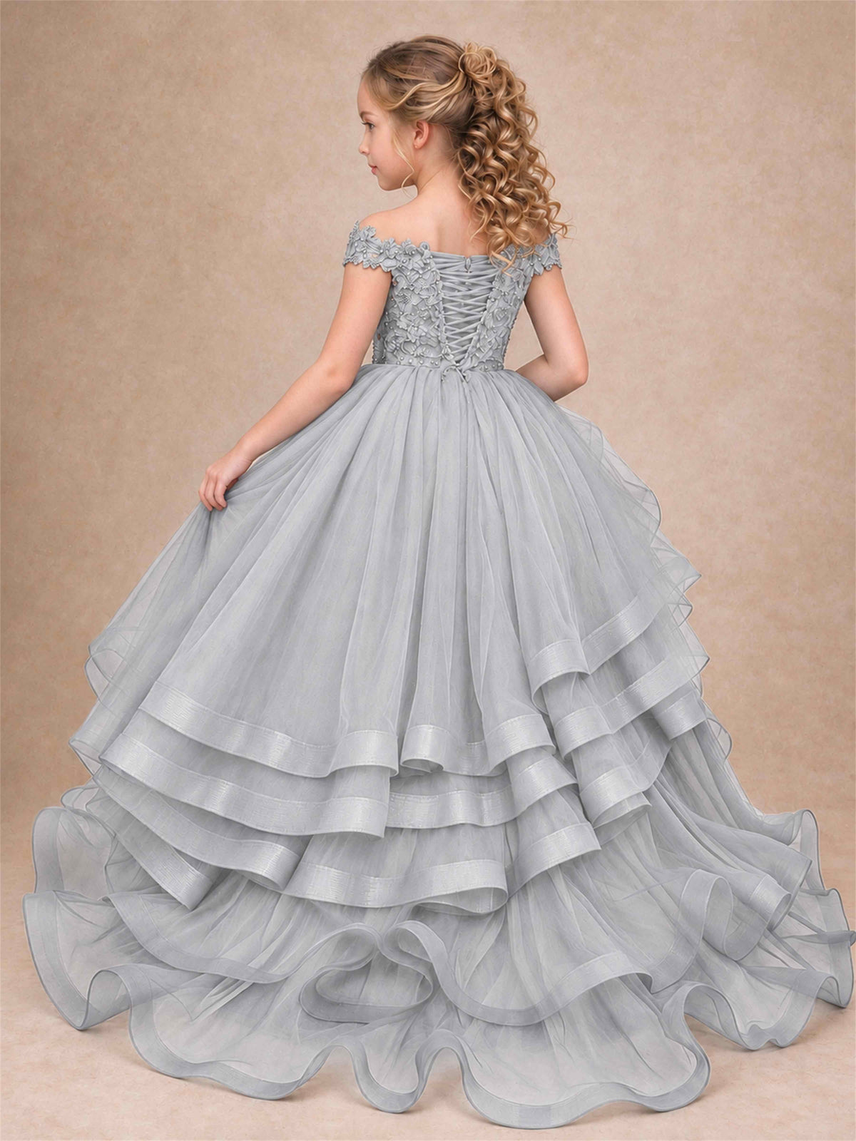 Off Shoulder Sequin Lace Ruffled Tulle Girls Pageant Dresses Formal Wedding Princess Gown