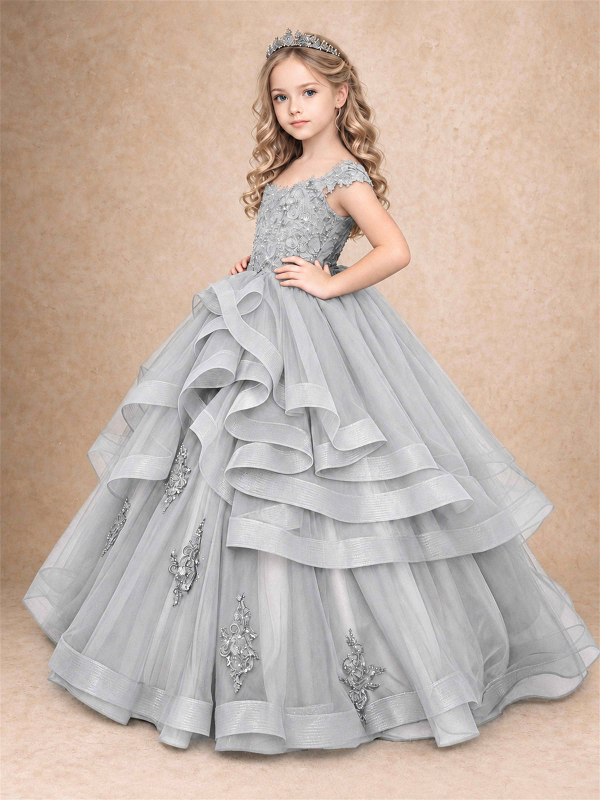 Off Shoulder Sequin Lace Ruffled Tulle Girls Pageant Dresses Formal Wedding Princess Gown
