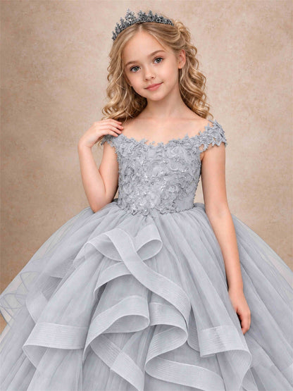 Off Shoulder Sequin Lace Ruffled Tulle Girls Pageant Dresses Formal Wedding Princess Gown