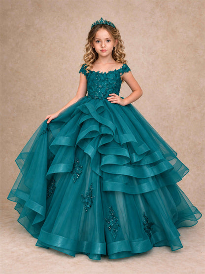 Off Shoulder Sequin Lace Ruffled Tulle Girls Pageant Dresses Formal Wedding Princess Gown
