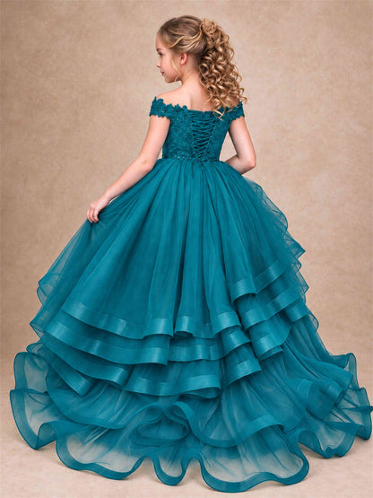 Off Shoulder Sequin Lace Ruffled Tulle Girls Pageant Dresses Formal Wedding Princess Gown