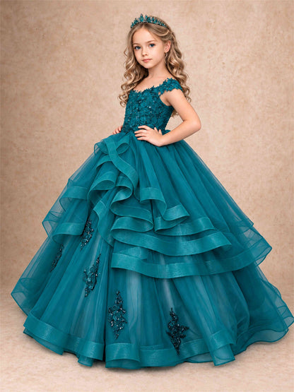 Off Shoulder Sequin Lace Ruffled Tulle Girls Pageant Dresses Formal Wedding Princess Gown