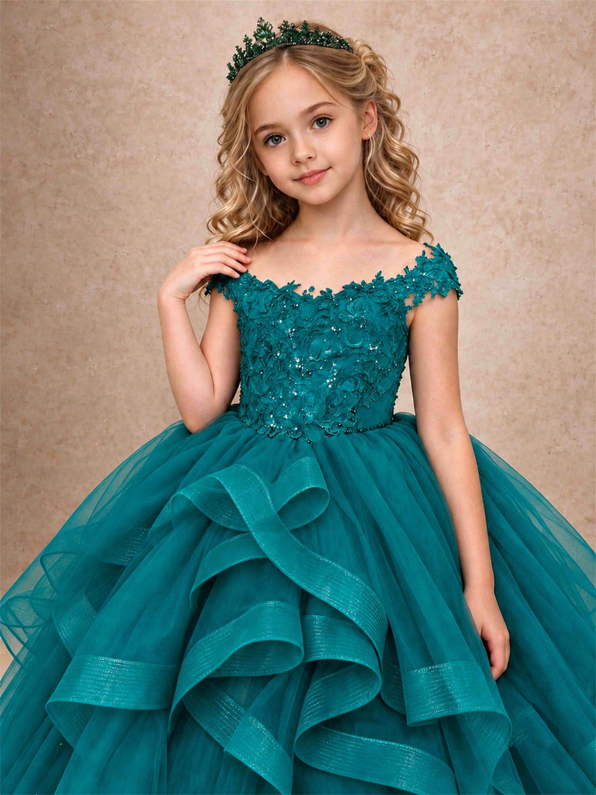 Off Shoulder Sequin Lace Ruffled Tulle Girls Pageant Dresses Formal Wedding Princess Gown