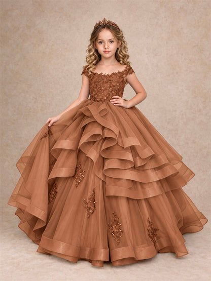 Off Shoulder Sequin Lace Ruffled Tulle Girls Pageant Dresses Formal Wedding Princess Gown