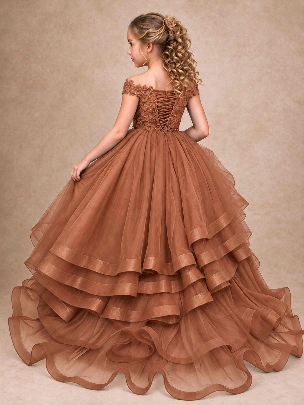 Off Shoulder Sequin Lace Ruffled Tulle Girls Pageant Dresses Formal Wedding Princess Gown