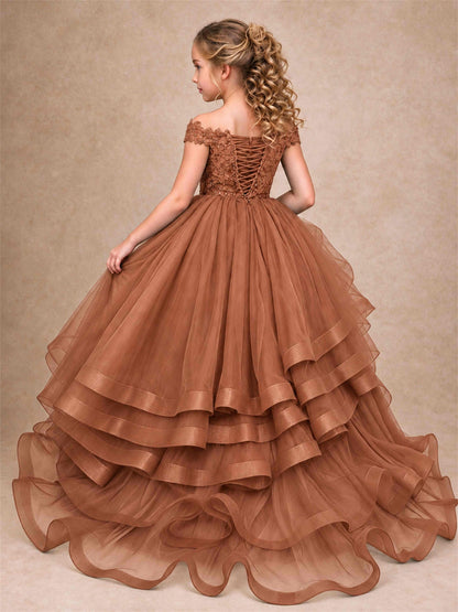 Off Shoulder Sequin Lace Ruffled Tulle Girls Pageant Dresses Formal Wedding Princess Gown