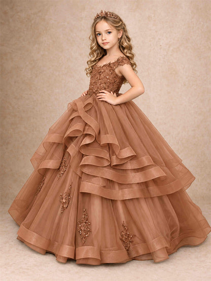 Off Shoulder Sequin Lace Ruffled Tulle Girls Pageant Dresses Formal Wedding Princess Gown