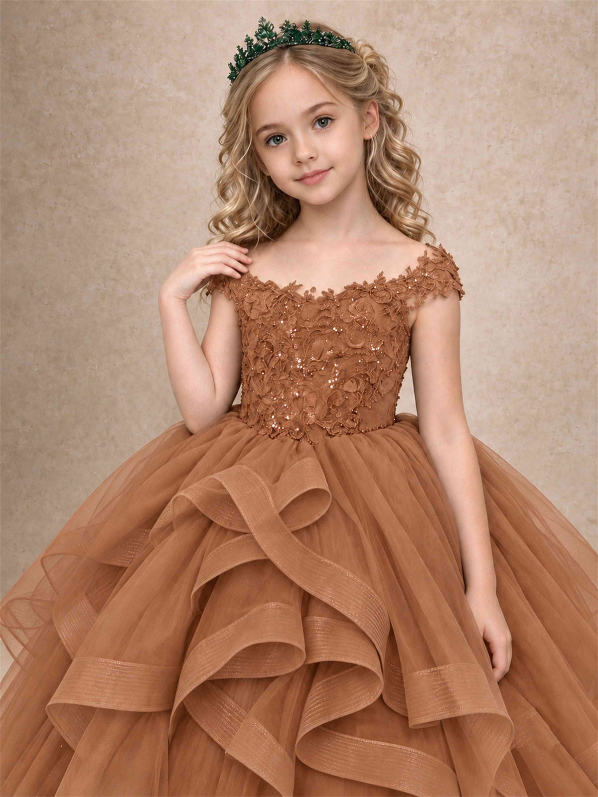 Off Shoulder Sequin Lace Ruffled Tulle Girls Pageant Dresses Formal Wedding Princess Gown