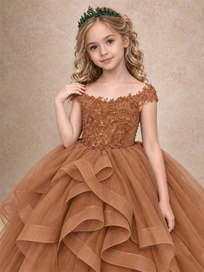 Off Shoulder Sequin Lace Ruffled Tulle Girls Pageant Dresses Formal Wedding Princess Gown