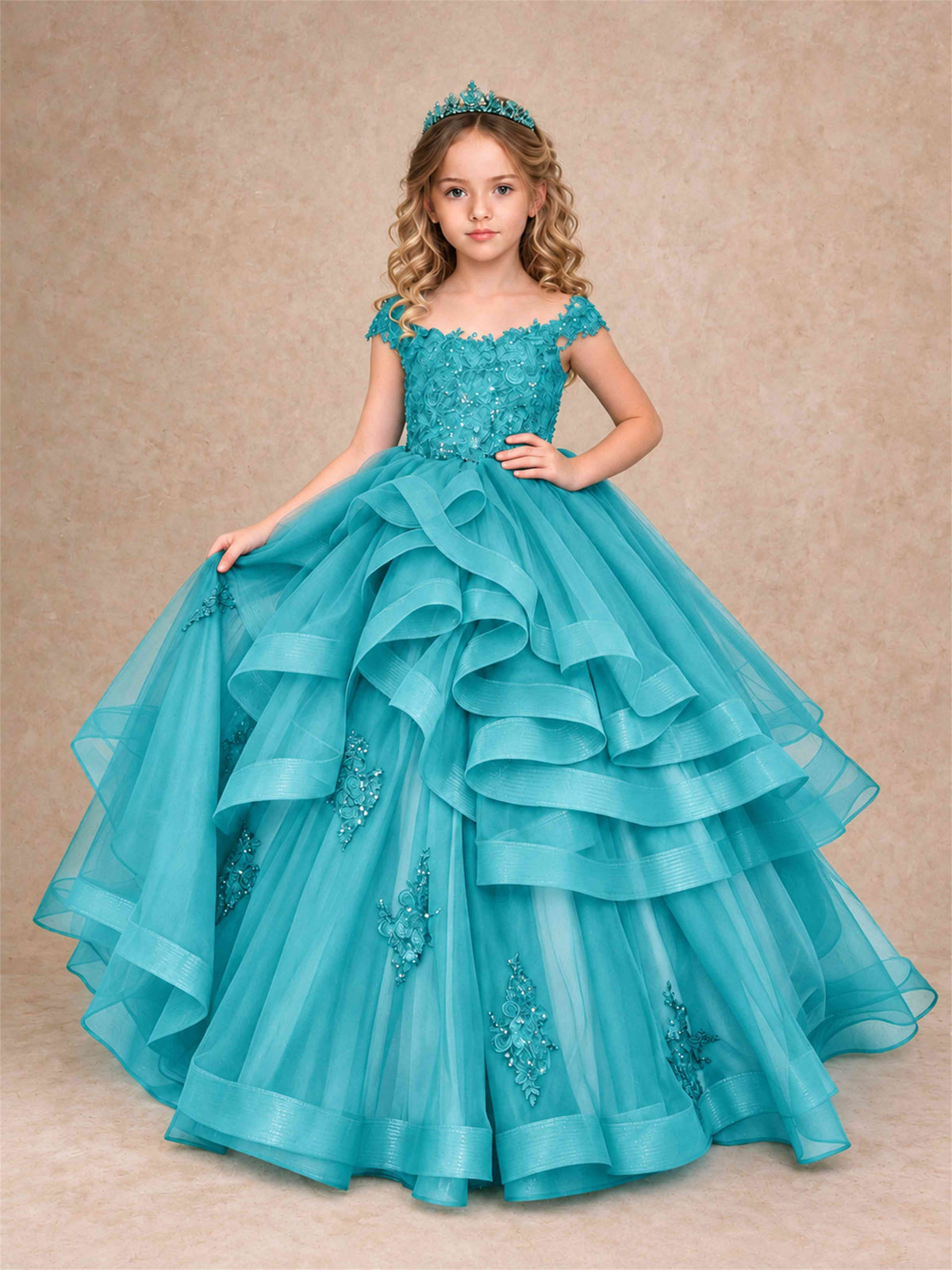 Off Shoulder Sequin Lace Ruffled Tulle Girls Pageant Dresses Formal Wedding Princess Gown