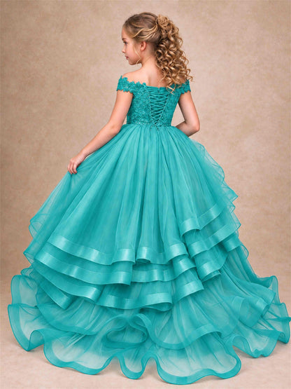 Off Shoulder Sequin Lace Ruffled Tulle Girls Pageant Dresses Formal Wedding Princess Gown