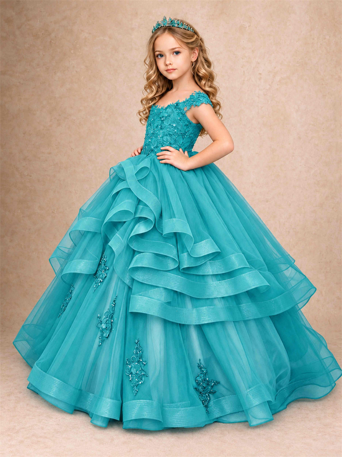 Off Shoulder Sequin Lace Ruffled Tulle Girls Pageant Dresses Formal Wedding Princess Gown