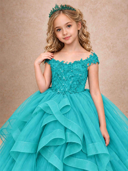 Off Shoulder Sequin Lace Ruffled Tulle Girls Pageant Dresses Formal Wedding Princess Gown