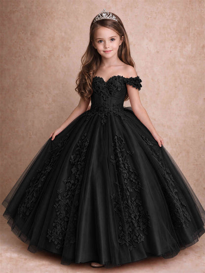 Off The Shoulder 3D Floral Lace Tulle Girls Pageant Dresses Princess Ball Gown