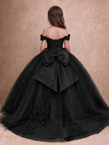 Off The Shoulder 3D Floral Lace Tulle Girls Pageant Dresses Princess Ball Gown