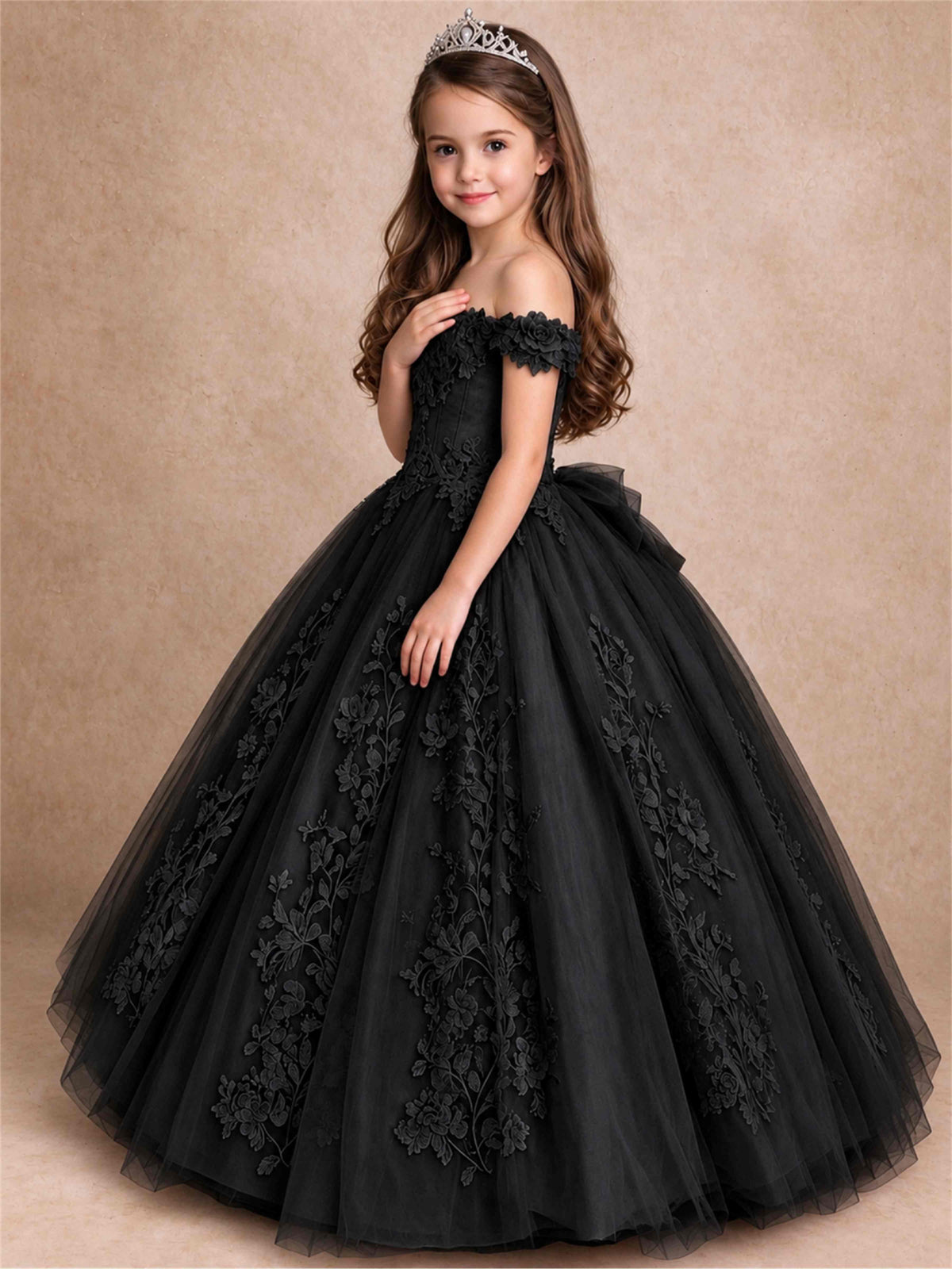 Off The Shoulder 3D Floral Lace Tulle Girls Pageant Dresses Princess Ball Gown
