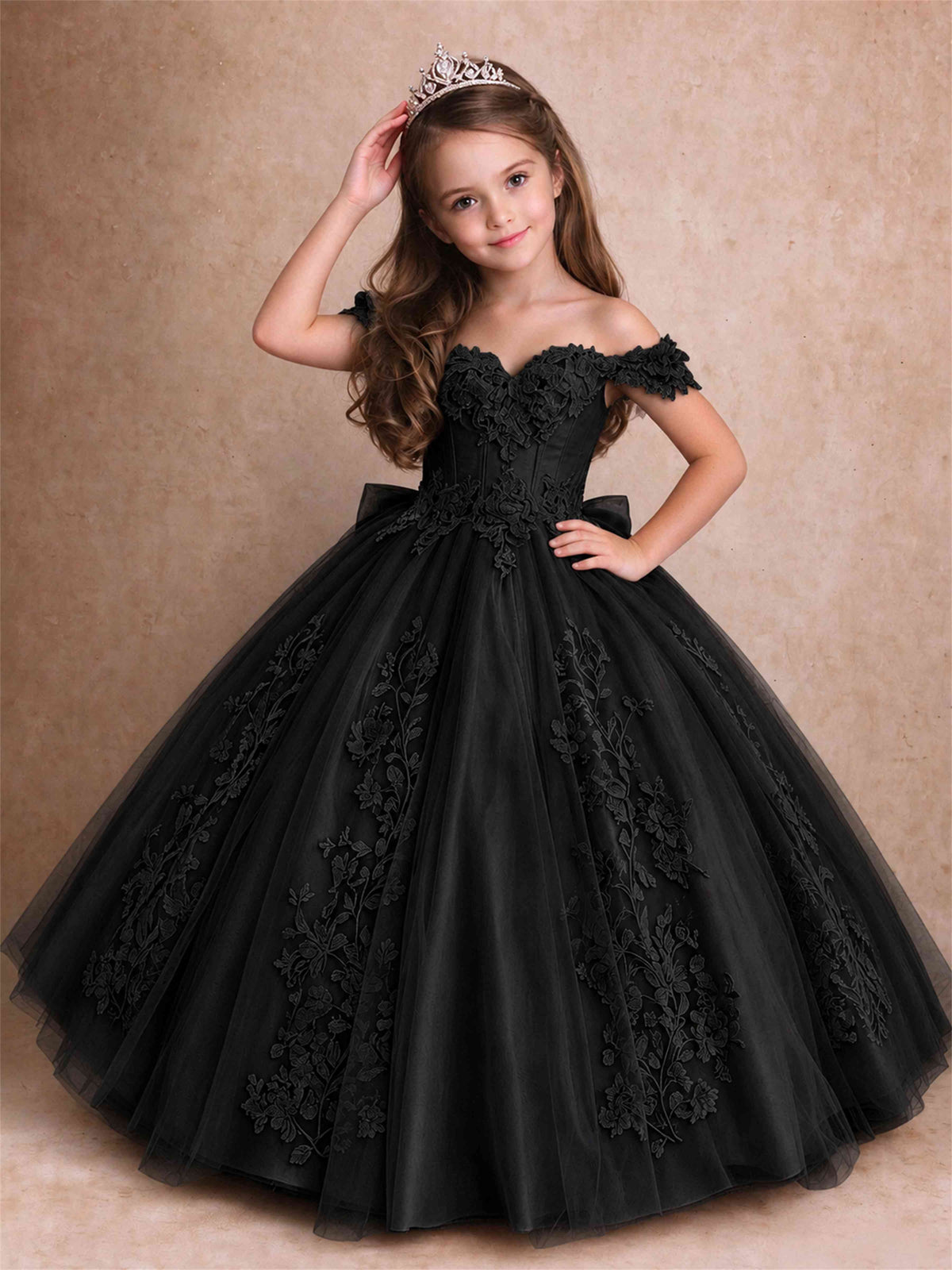 Off The Shoulder 3D Floral Lace Tulle Girls Pageant Dresses Princess Ball Gown