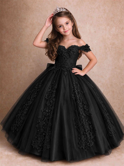 Off The Shoulder 3D Floral Lace Tulle Girls Pageant Dresses Princess Ball Gown