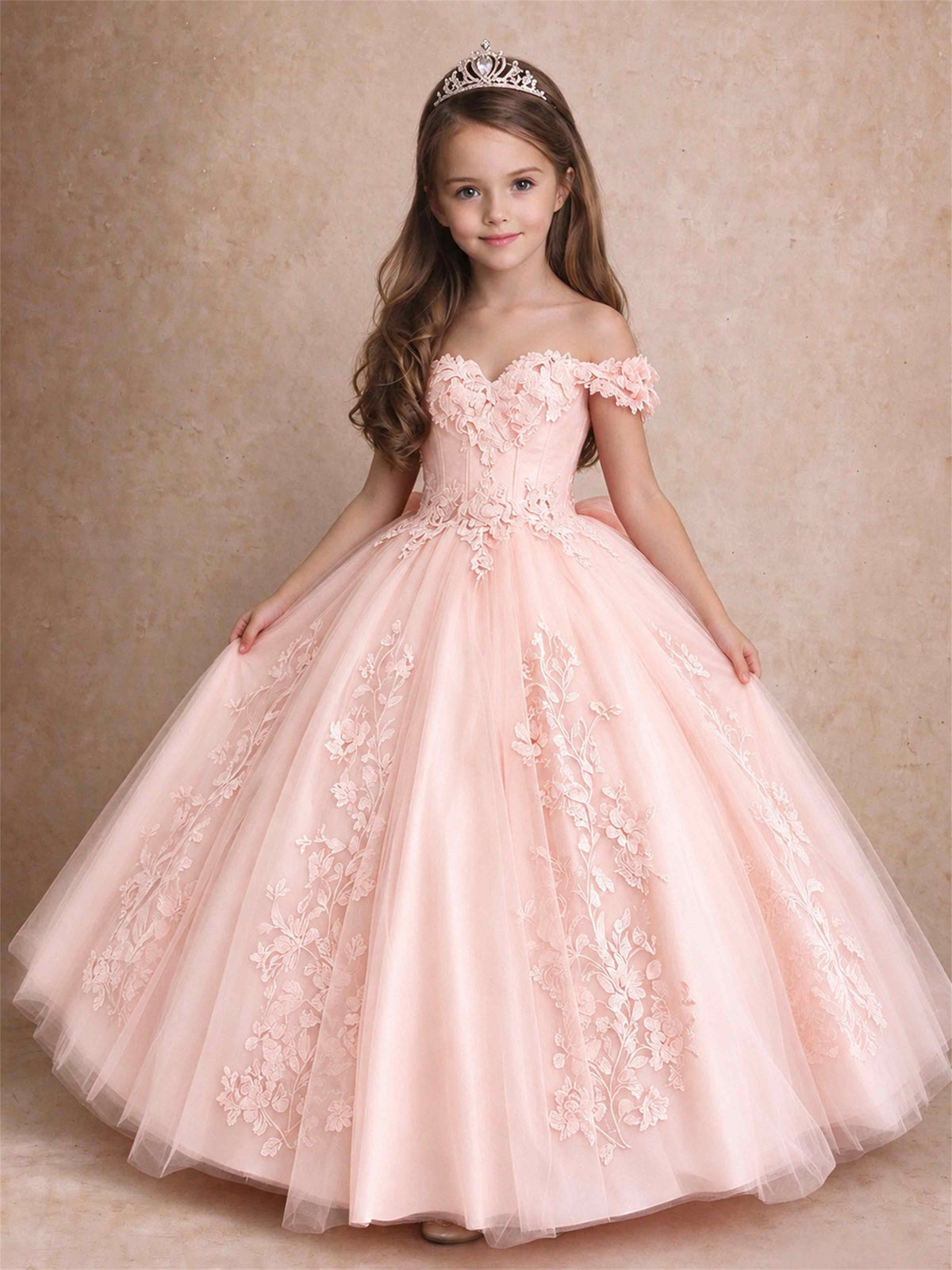 Off The Shoulder 3D Floral Lace Tulle Girls Pageant Dresses Princess Ball Gown