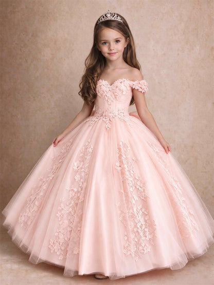 Off The Shoulder 3D Floral Lace Tulle Girls Pageant Dresses Princess Ball Gown