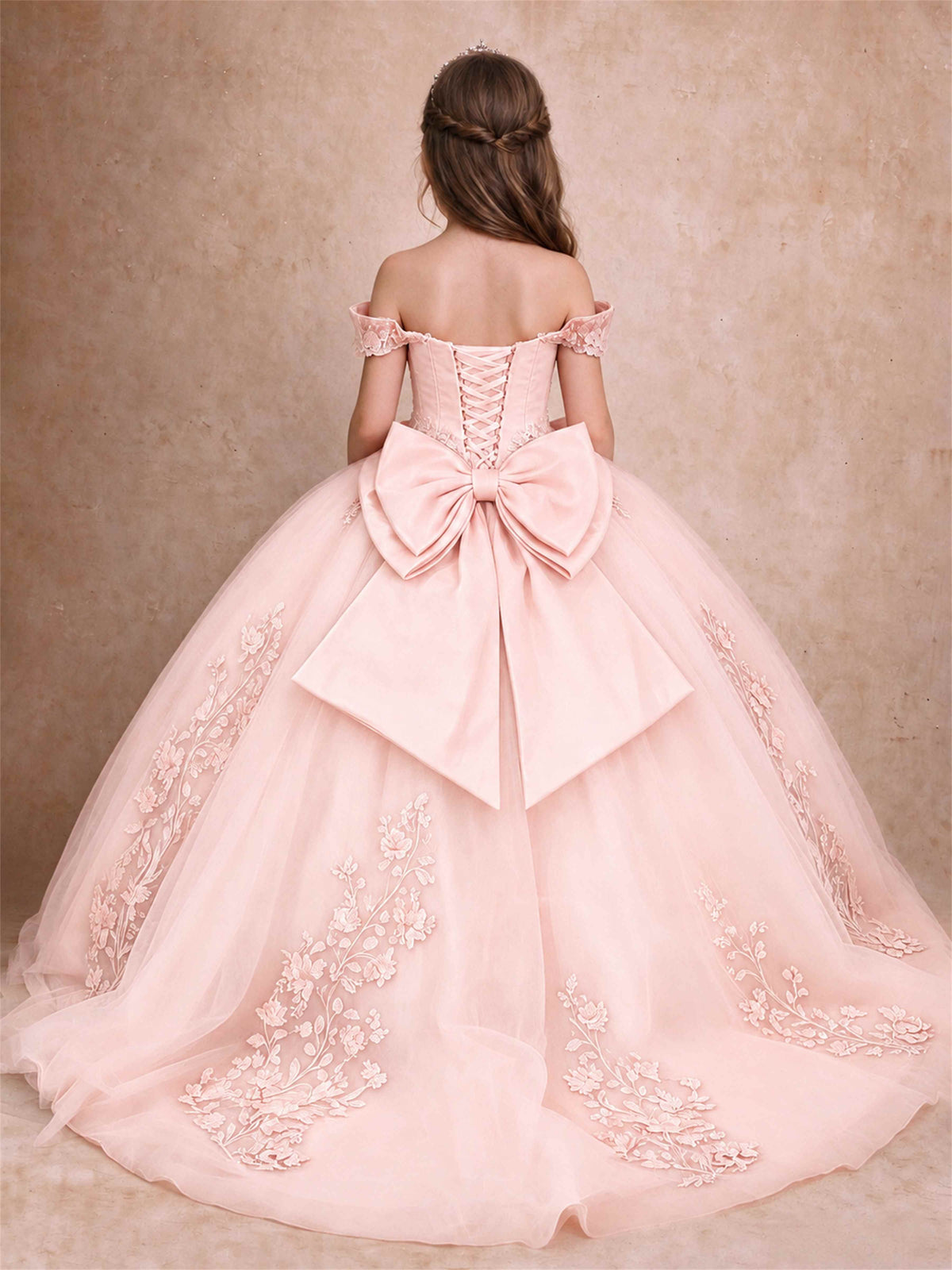 Off The Shoulder 3D Floral Lace Tulle Girls Pageant Dresses Princess Ball Gown