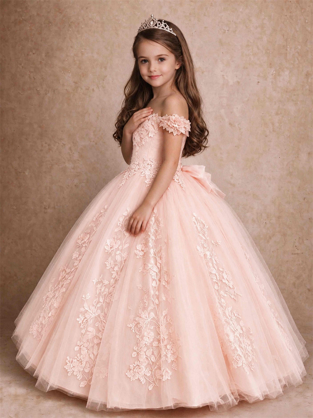 Off The Shoulder 3D Floral Lace Tulle Girls Pageant Dresses Princess Ball Gown