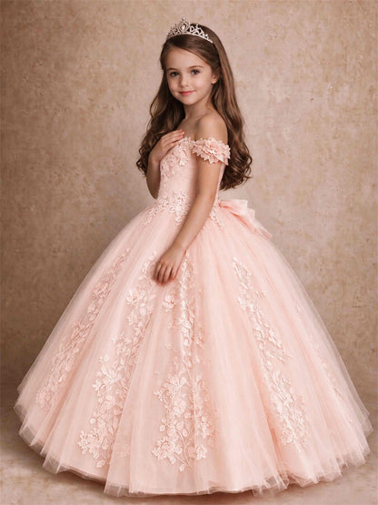 Off The Shoulder 3D Floral Lace Tulle Girls Pageant Dresses Princess Ball Gown
