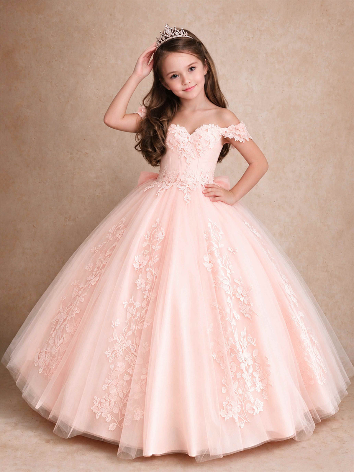 Off The Shoulder 3D Floral Lace Tulle Girls Pageant Dresses Princess Ball Gown