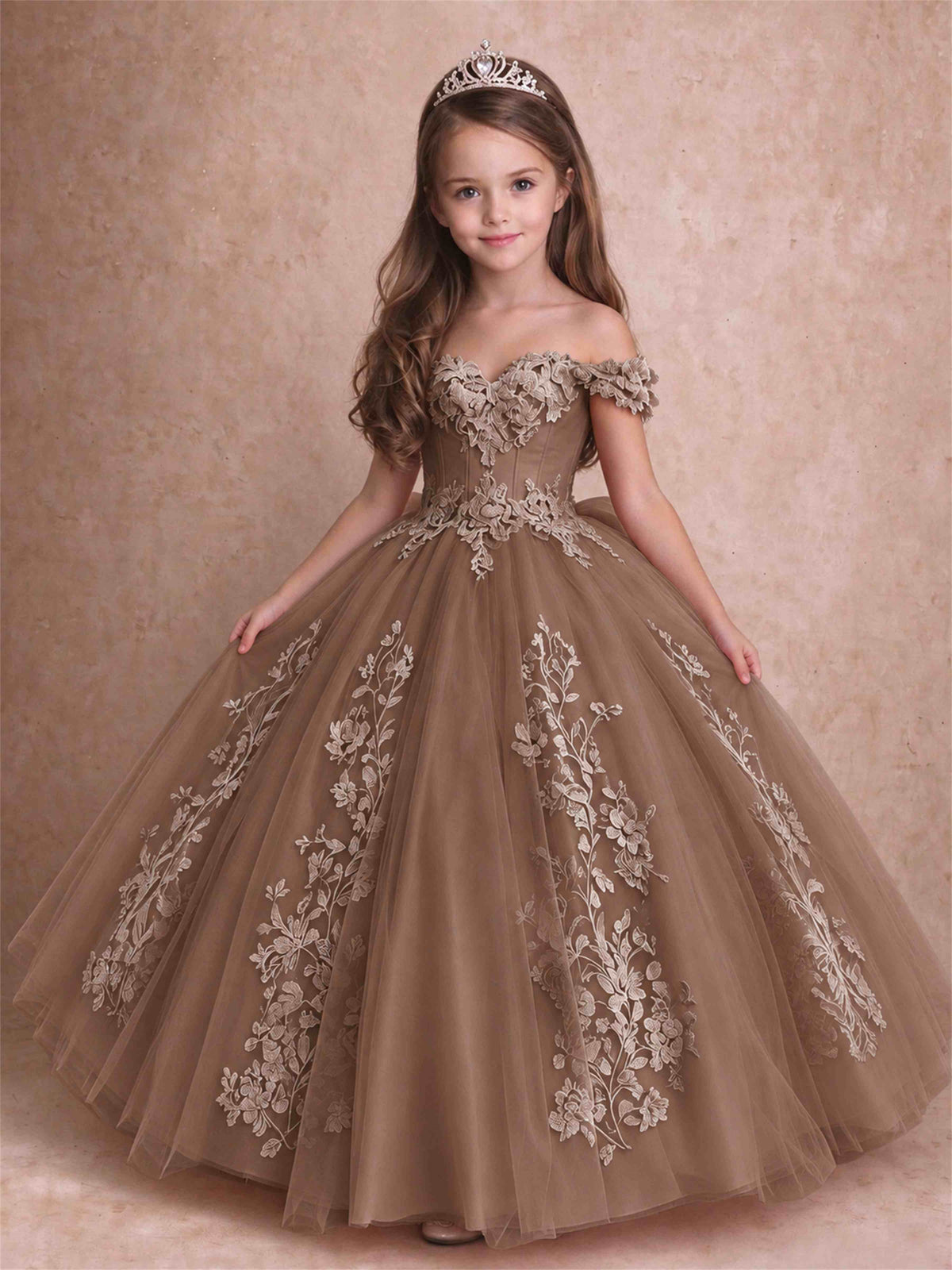 Off The Shoulder 3D Floral Lace Tulle Girls Pageant Dresses Princess Ball Gown