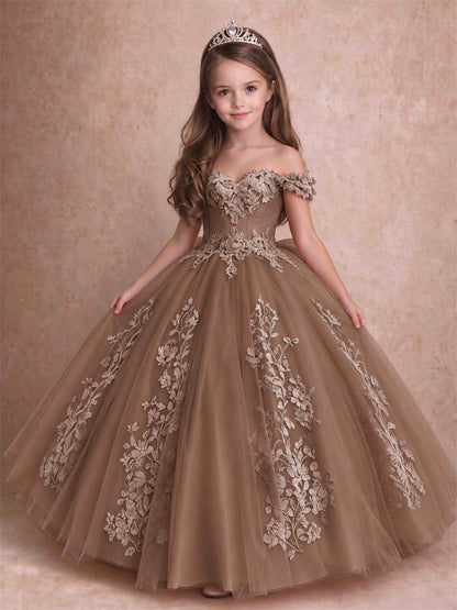 Off The Shoulder 3D Floral Lace Tulle Girls Pageant Dresses Princess Ball Gown