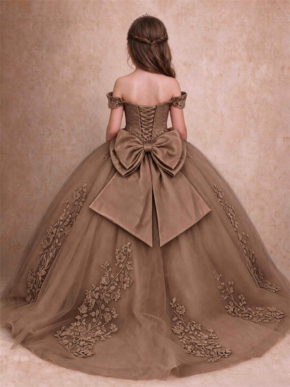 Off The Shoulder 3D Floral Lace Tulle Girls Pageant Dresses Princess Ball Gown