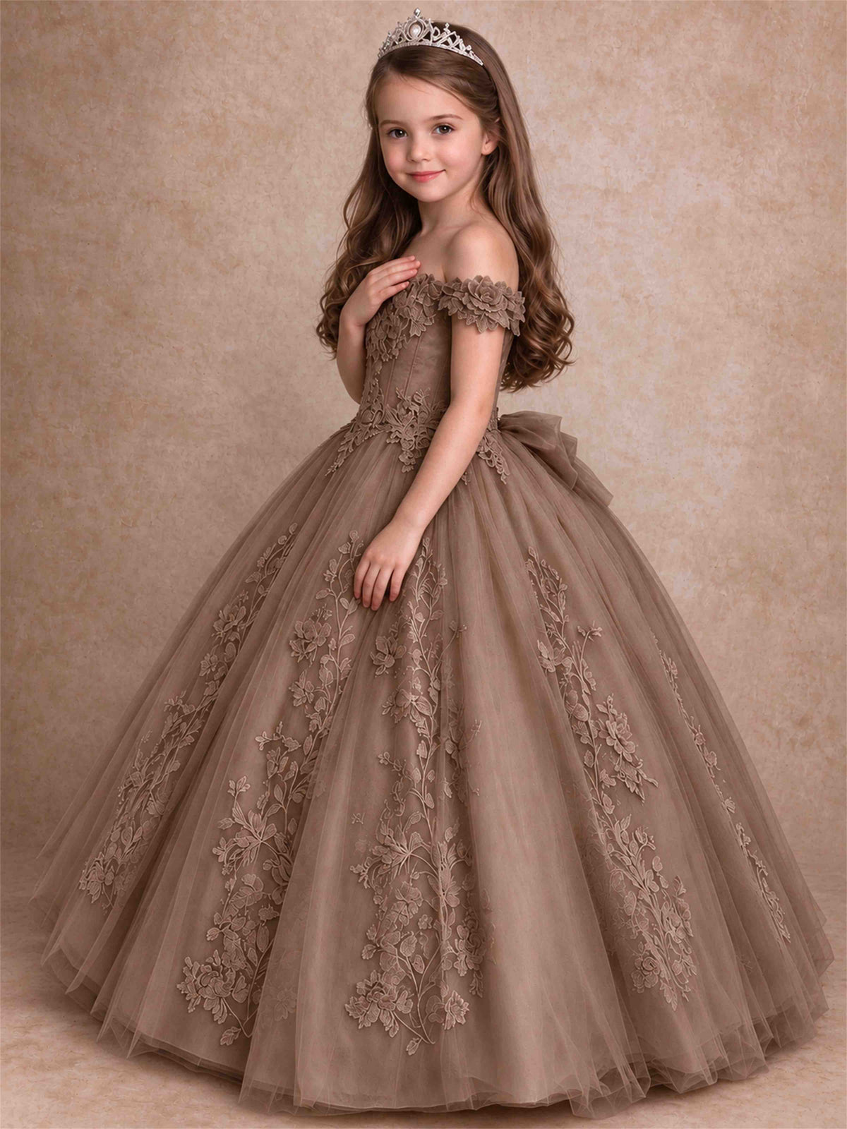 Off The Shoulder 3D Floral Lace Tulle Girls Pageant Dresses Princess Ball Gown