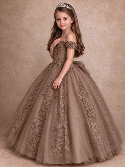 Off The Shoulder 3D Floral Lace Tulle Girls Pageant Dresses Princess Ball Gown