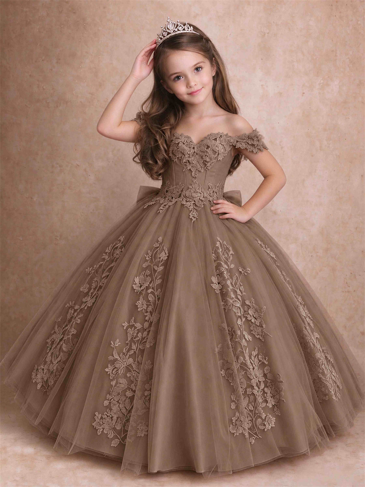 Off The Shoulder 3D Floral Lace Tulle Girls Pageant Dresses Princess Ball Gown