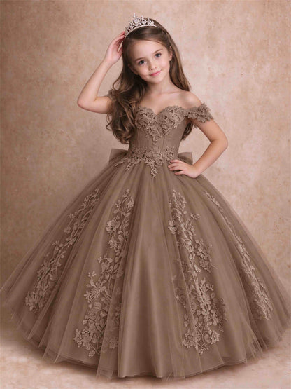 Off The Shoulder 3D Floral Lace Tulle Girls Pageant Dresses Princess Ball Gown
