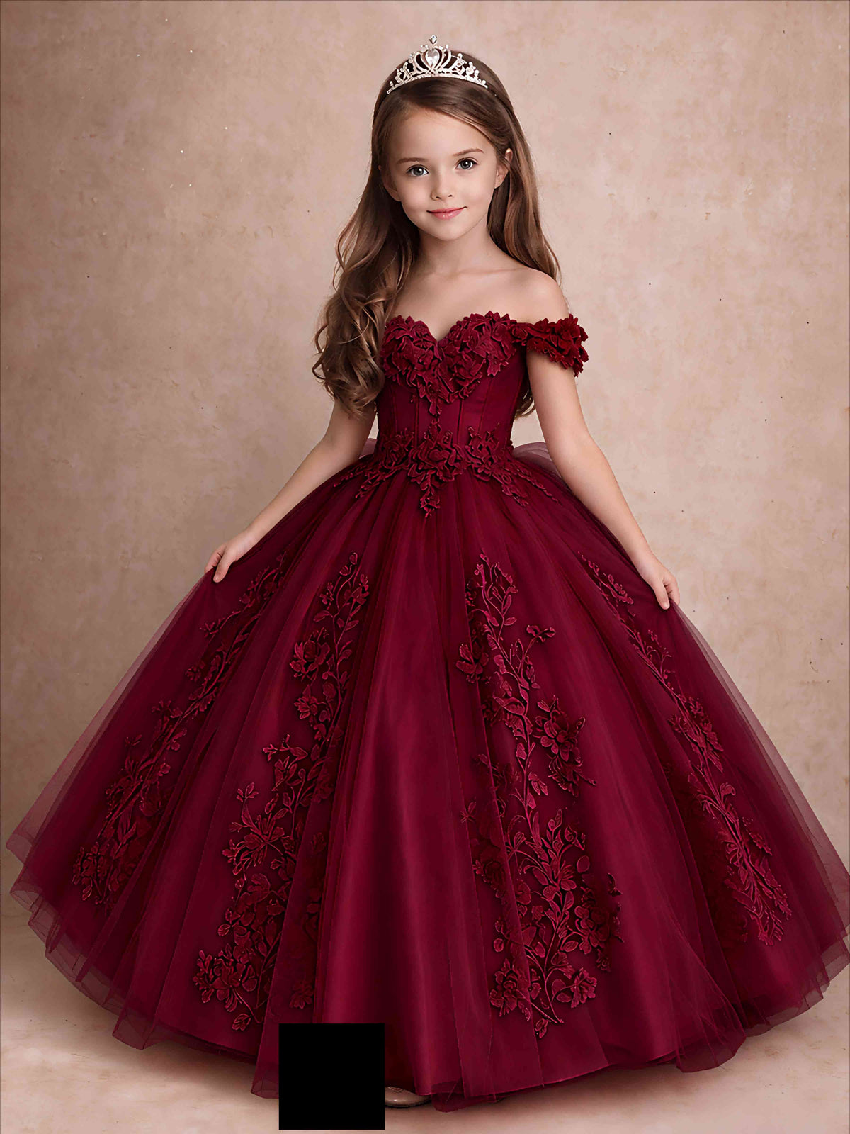 Off The Shoulder 3D Floral Lace Tulle Girls Pageant Dresses Princess Ball Gown