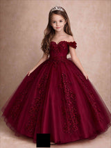 Off The Shoulder 3D Floral Lace Tulle Girls Pageant Dresses Princess Ball Gown