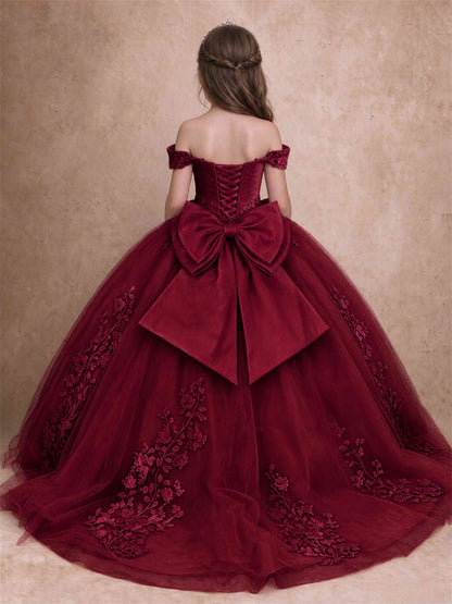 Off The Shoulder 3D Floral Lace Tulle Girls Pageant Dresses Princess Ball Gown