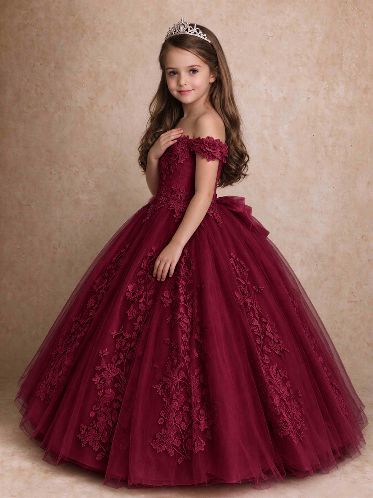 Off The Shoulder 3D Floral Lace Tulle Girls Pageant Dresses Princess Ball Gown