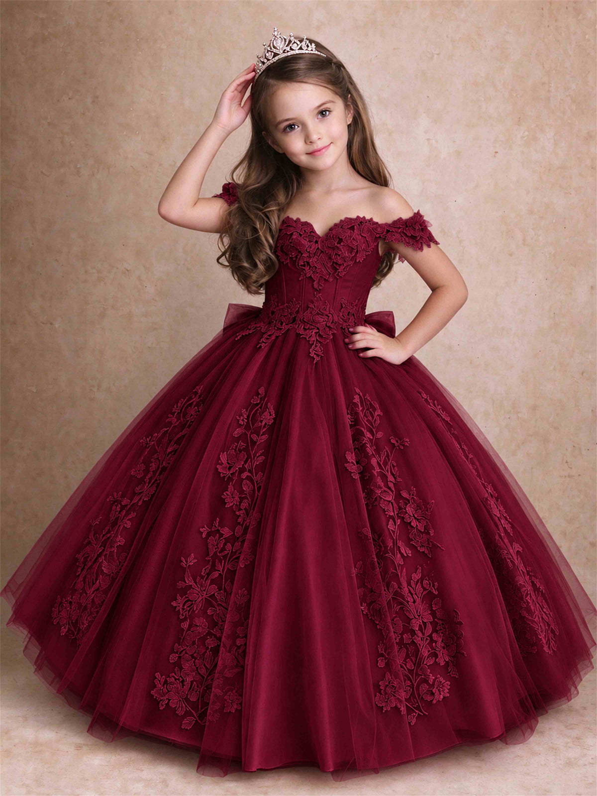 Off The Shoulder 3D Floral Lace Tulle Girls Pageant Dresses Princess Ball Gown