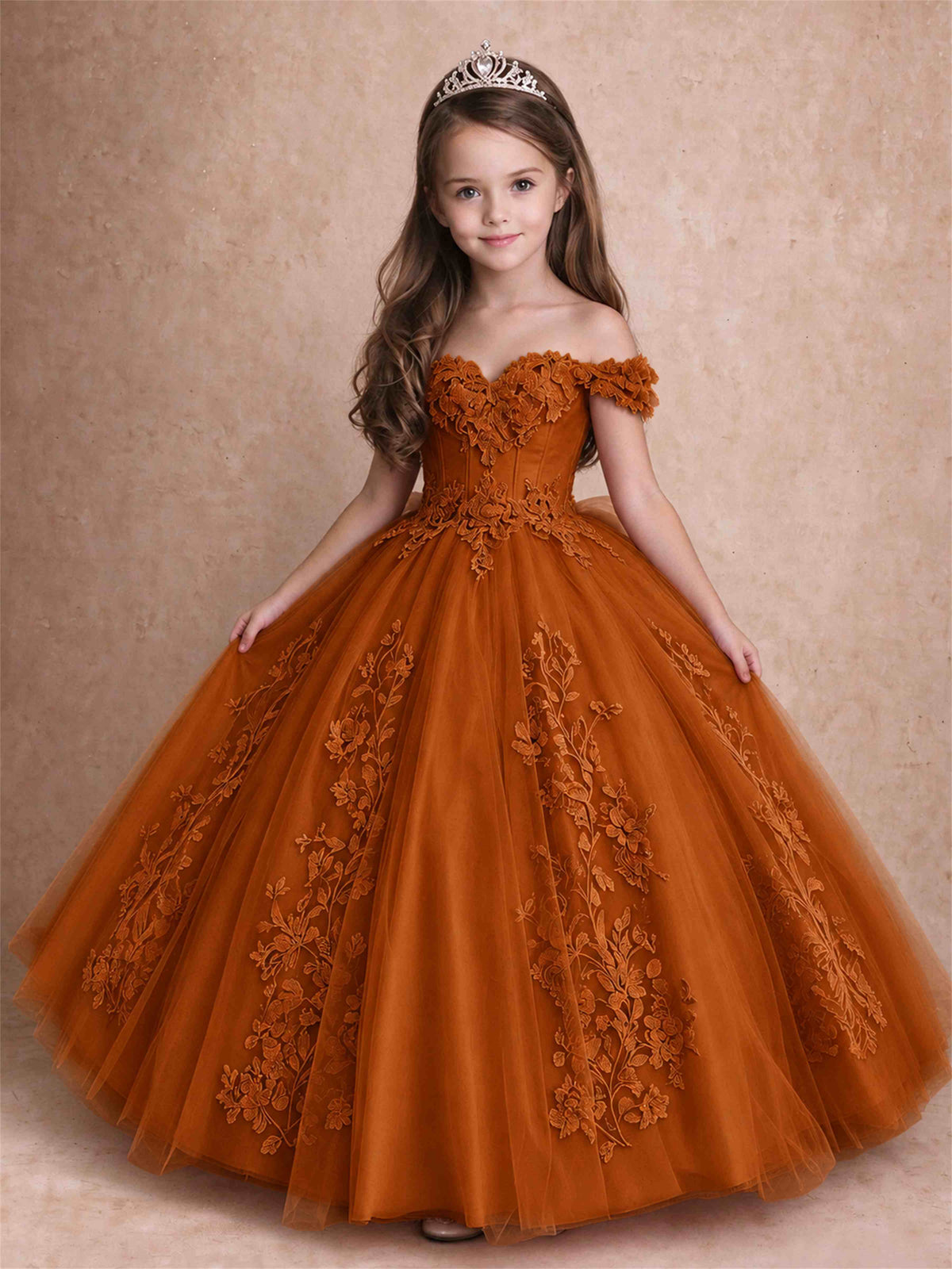 Off The Shoulder 3D Floral Lace Tulle Girls Pageant Dresses Princess Ball Gown