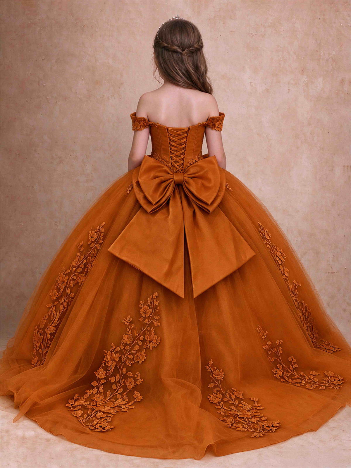Off The Shoulder 3D Floral Lace Tulle Girls Pageant Dresses Princess Ball Gown