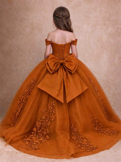 Off The Shoulder 3D Floral Lace Tulle Girls Pageant Dresses Princess Ball Gown