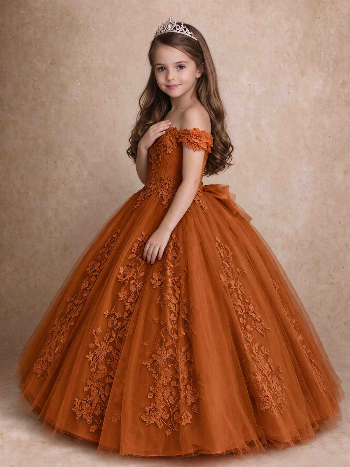 Off The Shoulder 3D Floral Lace Tulle Girls Pageant Dresses Princess Ball Gown