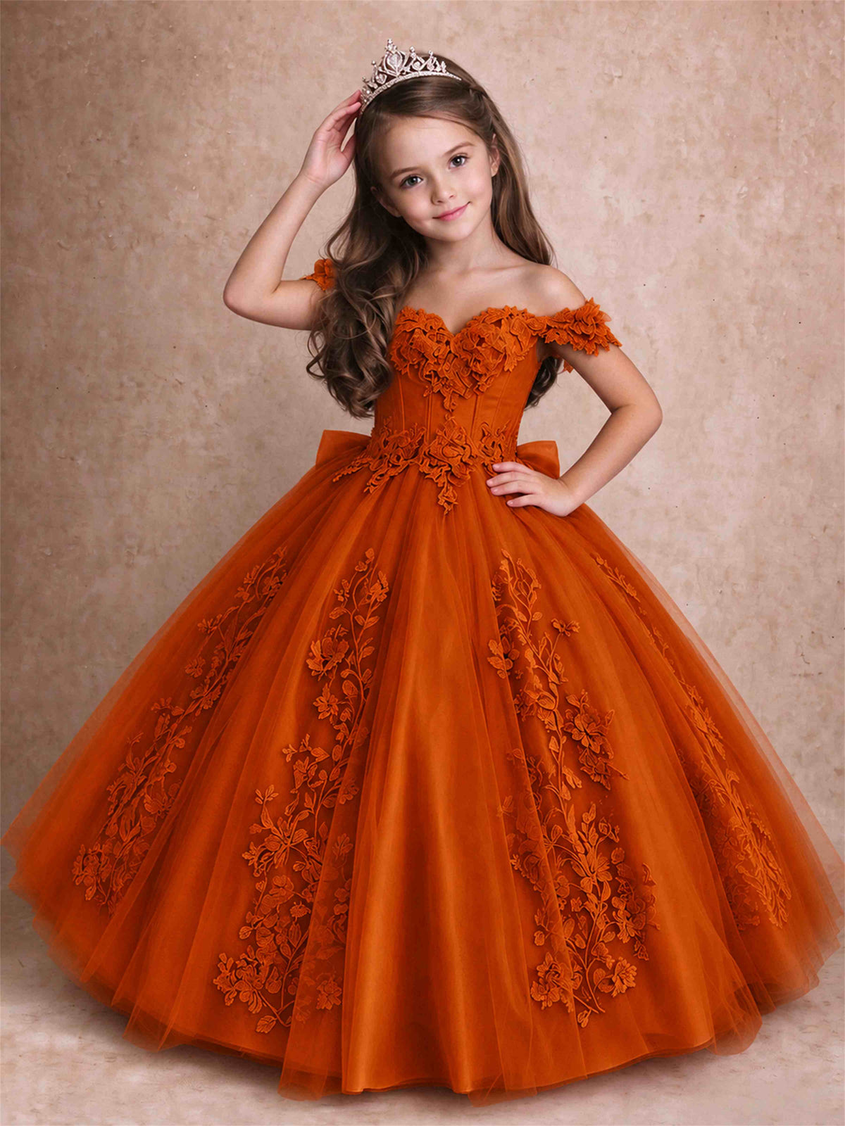 Off The Shoulder 3D Floral Lace Tulle Girls Pageant Dresses Princess Ball Gown