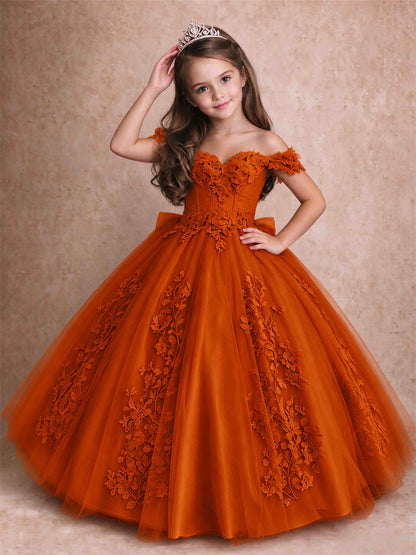 Off The Shoulder 3D Floral Lace Tulle Girls Pageant Dresses Princess Ball Gown