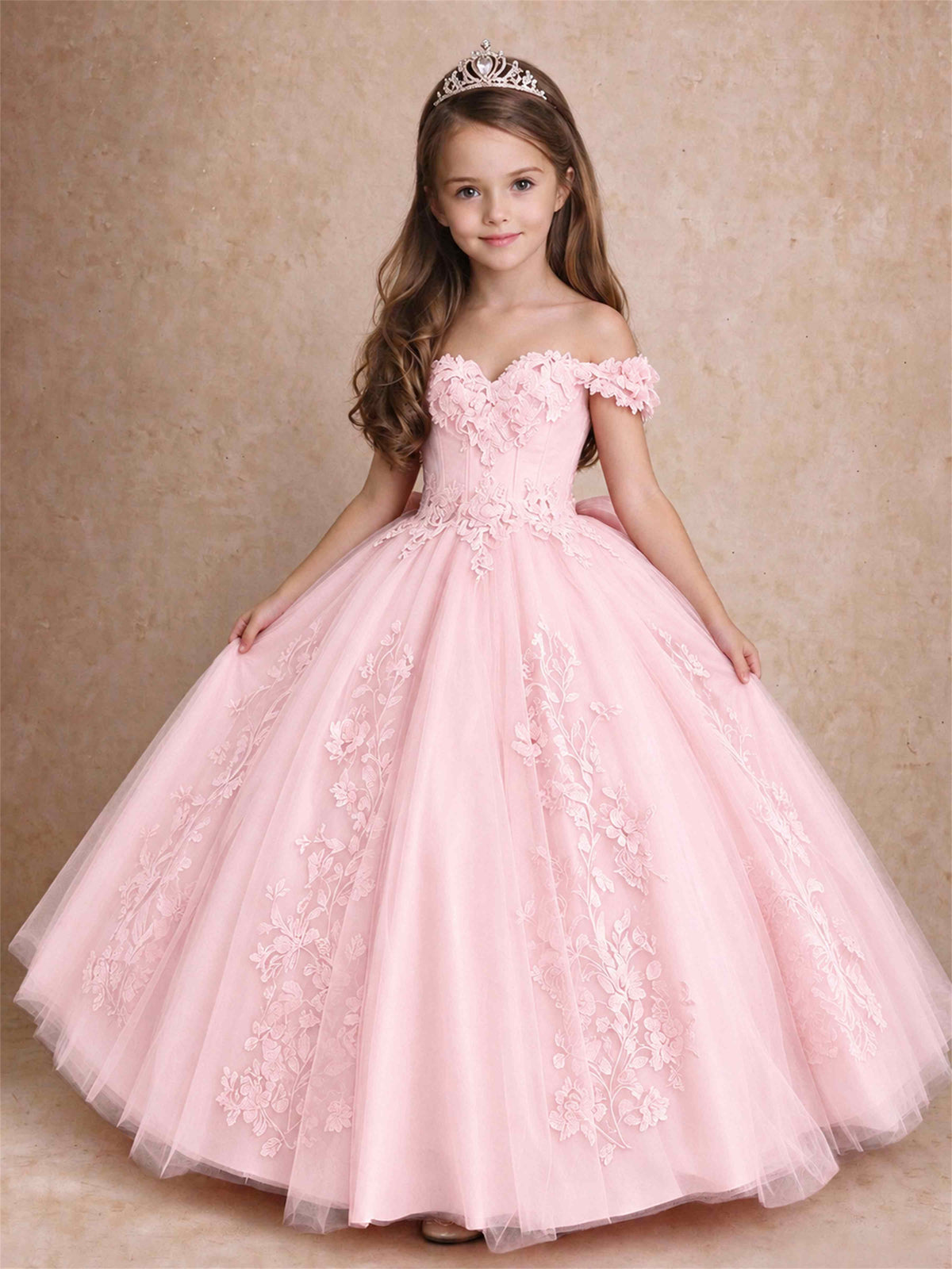Off The Shoulder 3D Floral Lace Tulle Girls Pageant Dresses Princess Ball Gown